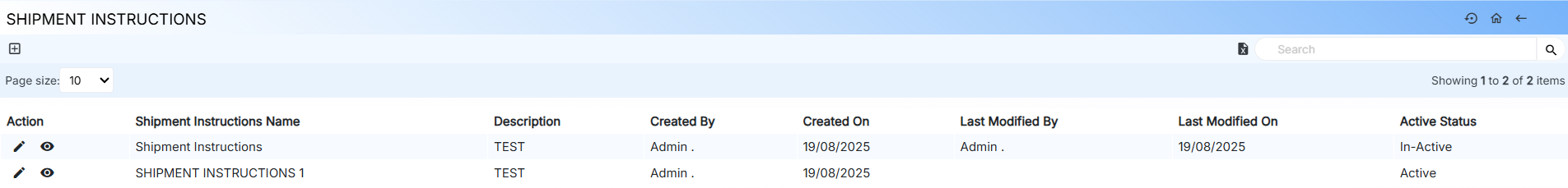 SHIPMENT INSTRUCTION TABLE