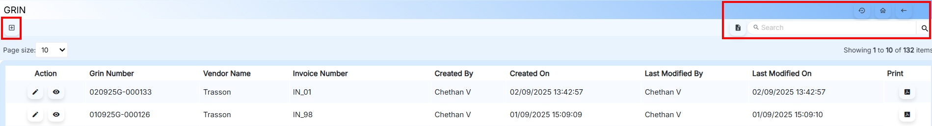 Icons on the GRIN Modify/View page