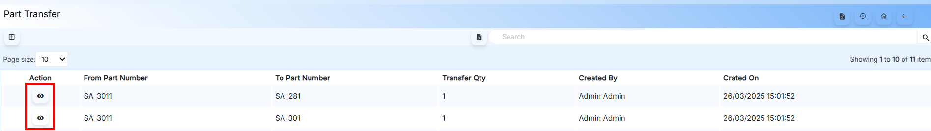 PART TRANSFER ACTION